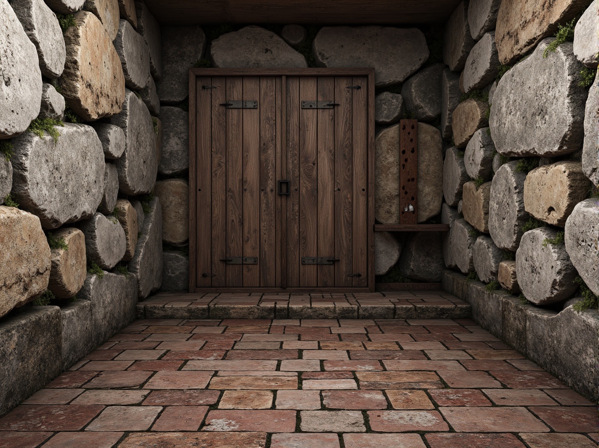 Prompt: Rugged stone walls, weathered wooden planks, rusty metal accents, distressed concrete floors, tactile brick textures, organic natural materials, earthy color palette, ambient occlusion, realistic normal mapping, high-contrast lighting, dramatic shadows, 3D modeled geometric details, intricate architectural patterns.