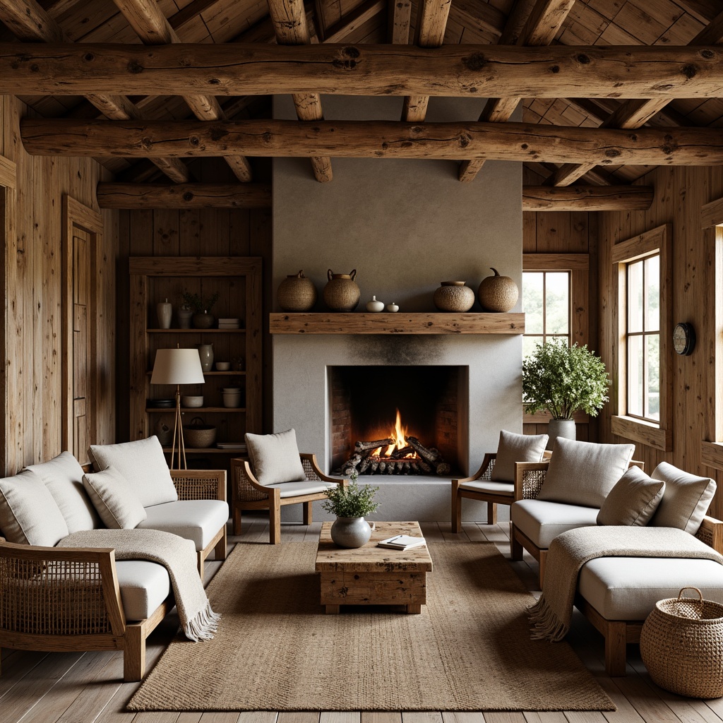 Prompt: Rustic cabin, natural wood accents, stone fireplace, earthy color palette, woven baskets, vintage furniture, distressed finishes, plush throw blankets, linen upholstery, burlap fabrics, natural fiber rugs, earth-toned ceramics, warm ambient lighting, cozy atmosphere, 1/2 composition, soft focus, realistic textures.