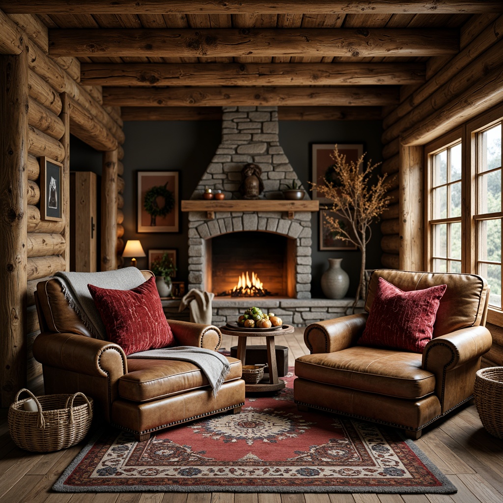 Prompt: Rustic cabin interior, wooden accents, natural fabrics, woven baskets, earthy tones, plush throw blankets, cozy velvet pillows, distressed leather armchairs, vintage rugs, stone fireplace, warm candlelight, soft shadows, shallow depth of field, 3/4 composition, realistic textures, ambient occlusion.