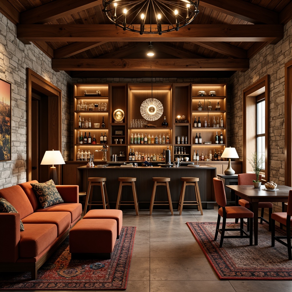 Prompt: Cozy home bar, rich wood tones, plush velvet sofas, ottomans, and armchairs, metallic accents, warm ambient lighting, vintage posters, wooden shelves, glass cabinets, wine racks, cocktail tables, high-backed stools, rounded edges, soft cushions, earthy color palette, natural stone walls, modern minimalist decor, intimate conversational spaces, dramatic floor lamps, textured rugs, and a statement chandelier.