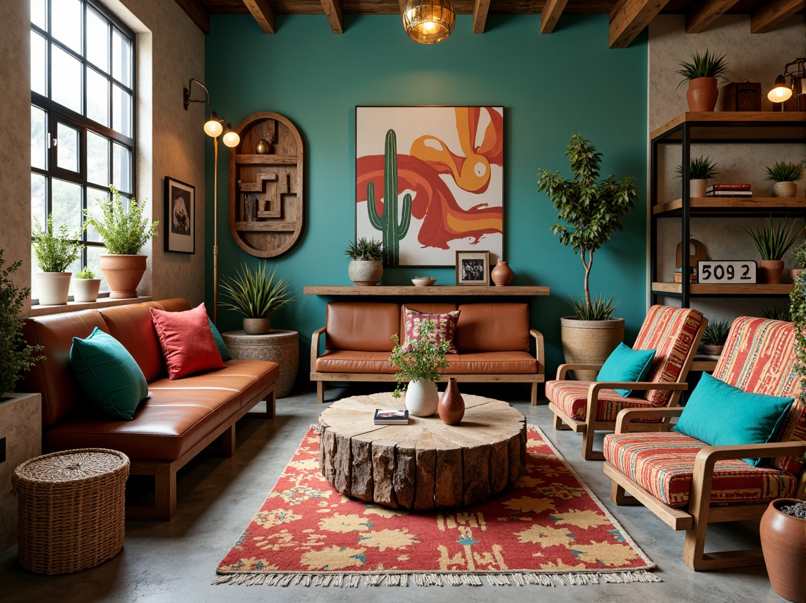 Prompt: Vibrant turquoise accents, rustic wooden benches, woven wicker storage bins, earthy tone concrete floors, vintage metal signs, distressed leather armchairs, reclaimed wood coffee tables, natural fiber area rugs, bold red and orange throw pillows, desert-inspired pottery vases, cacti and succulent plants, warm golden lighting, industrial metal shelving units, eclectic decorative items, southwestern patterned blankets.