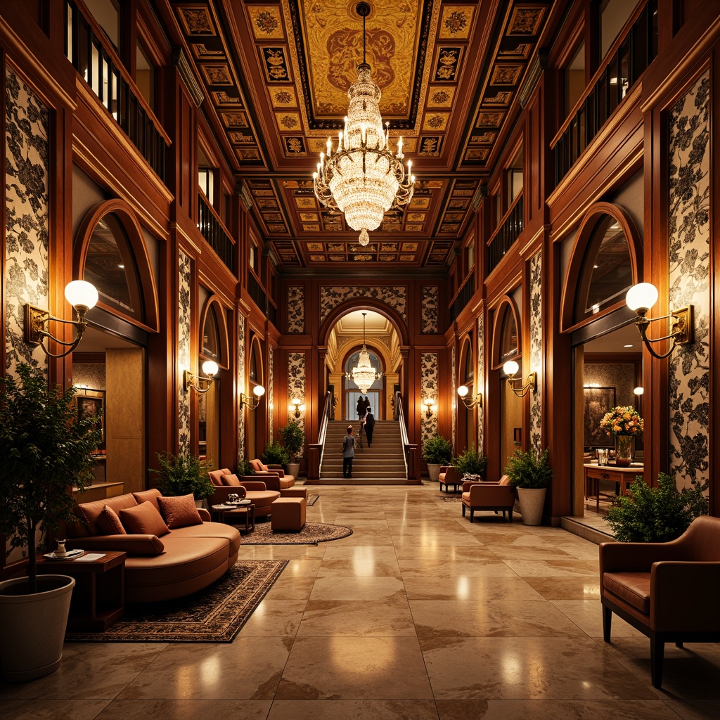 Prompt: Opulent hotel lobby, grand chandeliers, intricately carved wooden furniture, lavish gold leaf accents, ornate mirrors, velvet drapes, marble floors, sweeping staircases, ornamental plasterwork, rich tapestries, crystal sconces, dramatic archways, symmetrical composition, warm golden lighting, high-contrast shadows, 1/2 composition, detailed textures, ambient occlusion.