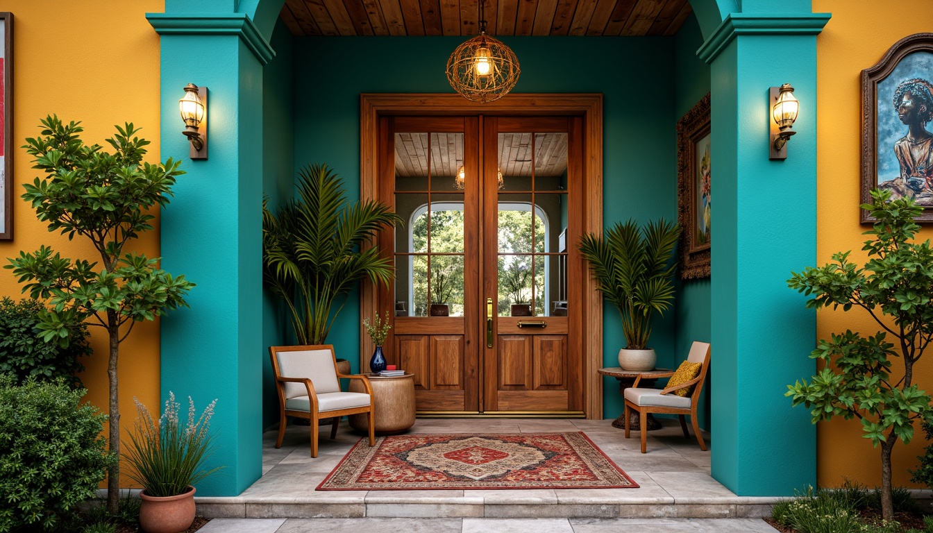 Prompt: Vibrant eclectic entrance, bold contrasting colors, rich turquoise walls, warm golden accents, distressed wooden doors, antique brass hardware, lush greenery, playful patterned rugs, ornate mirrors, statement lighting fixtures, natural stone flooring, abstract artwork, mixed metallic tones, bohemian-inspired textiles, whimsical decorative accessories, inviting atmospheric ambiance, shallow depth of field, 1/2 composition, warm soft lighting.