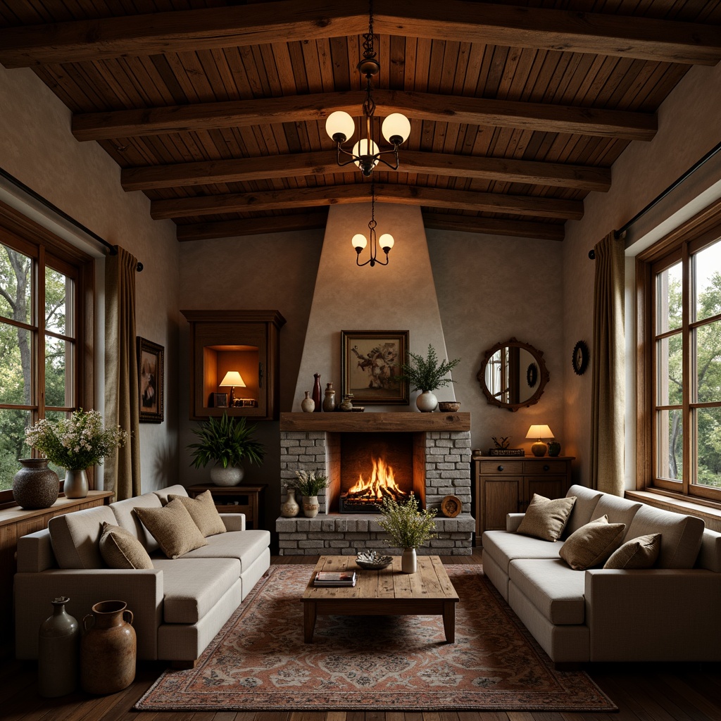 Prompt: Rustic wooden beams, earthy color palette, warm candlelight, pendant lanterns, metal chandeliers, dimmable lighting, cozy fireplaces, stone walls, natural textiles, vintage furniture, distressed wood accents, country-style decor, soft warm glow, ambient illumination, shallow depth of field, 1/1 composition, realistic textures, atmospheric rendering.