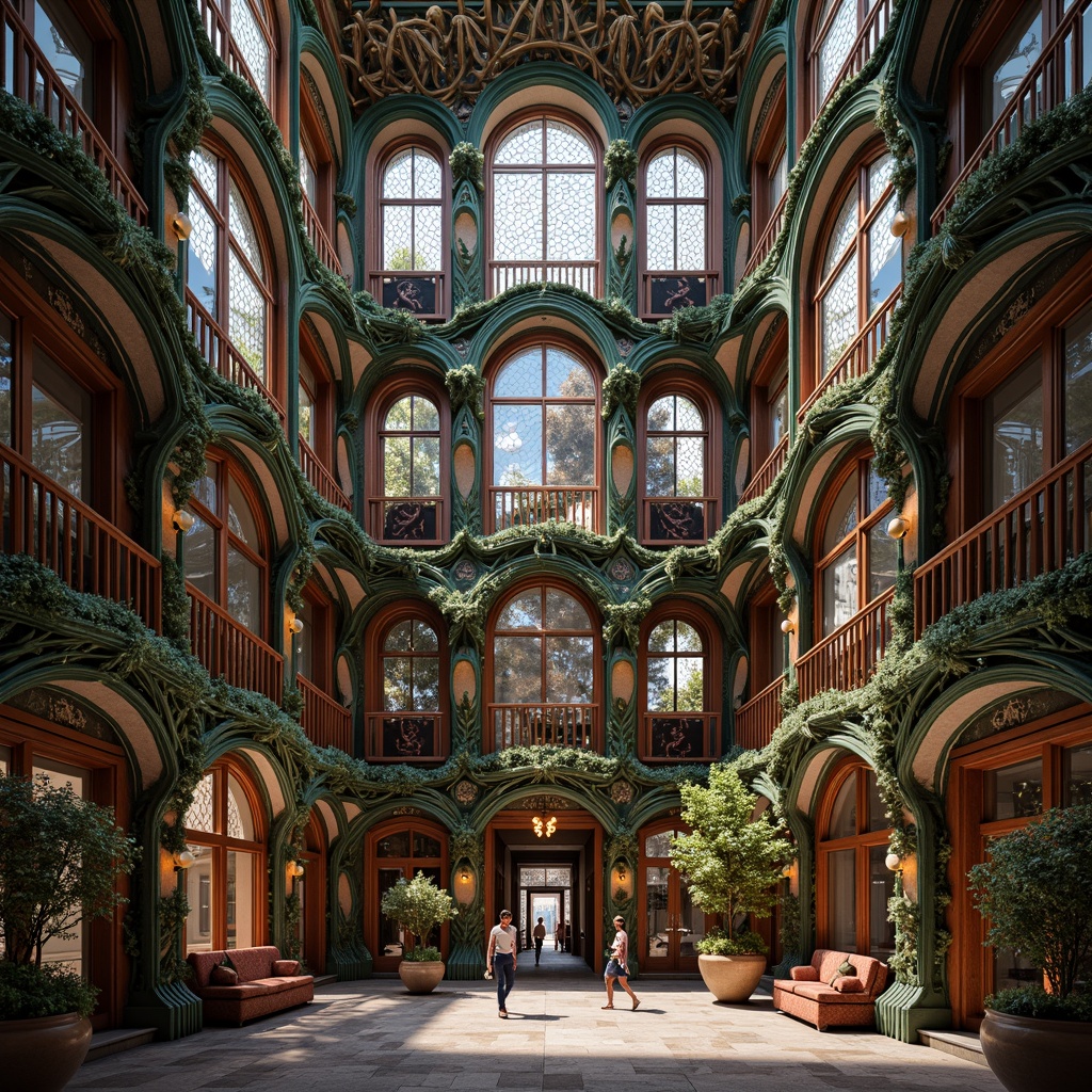 Prompt: Intricate ornate buildings, flowing curvilinear lines, organic forms, sinuous tendrils, botanical motifs, stained glass windows, ornate metalwork, grand entranceways, luxurious materials, rich textiles, vibrant colors, whimsical details, dynamic shapes, kinetic energy, dramatic lighting, atmospheric shadows, 3/4 composition, symmetrical balance, ornate furnishings, elegant proportions, refined craftsmanship, opulent decoration, lavish ornamentation.