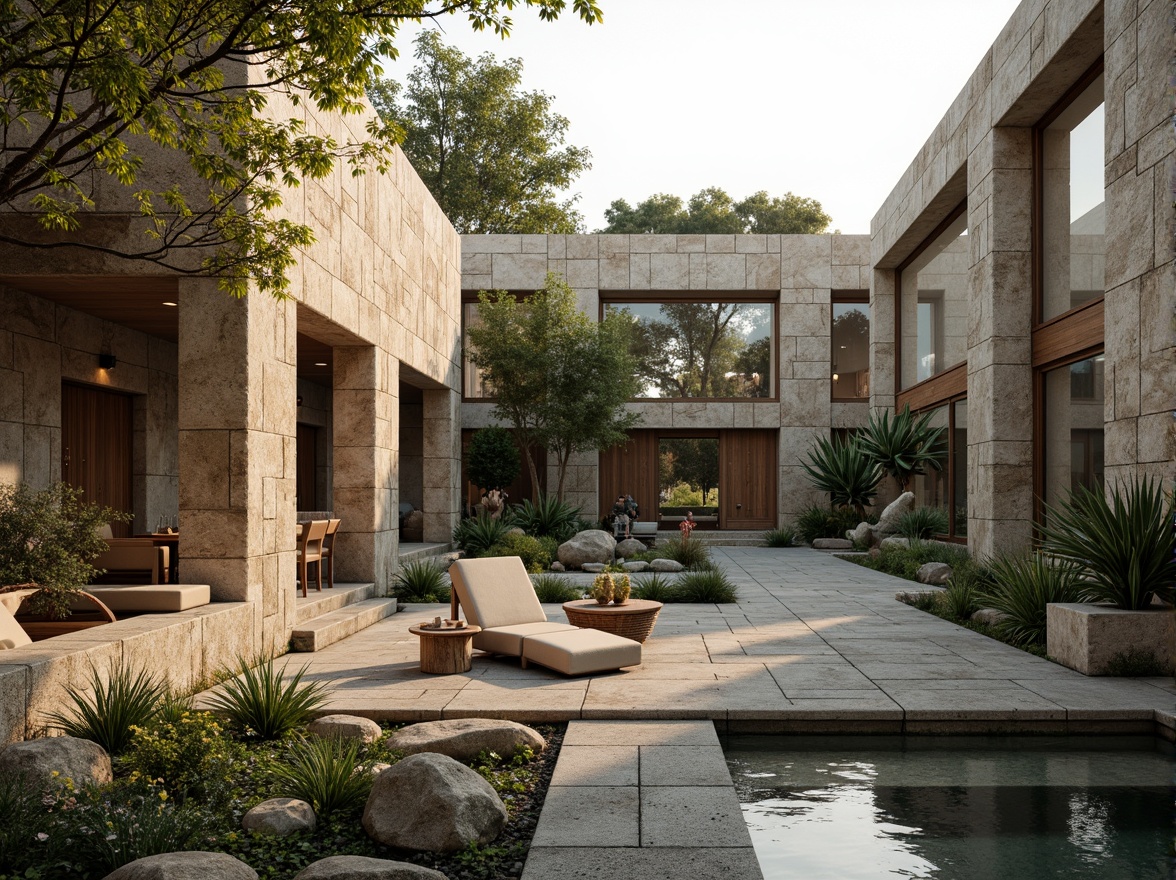 Prompt: Rustic natural stone facade, earthy tones, rough-hewn textures, organic forms, minimalist modern architecture, sleek lines, large windows, wooden accents, lush greenery, serene courtyard, tranquil water features, soft warm lighting, shallow depth of field, 3/4 composition, panoramic view, realistic textures, ambient occlusion.