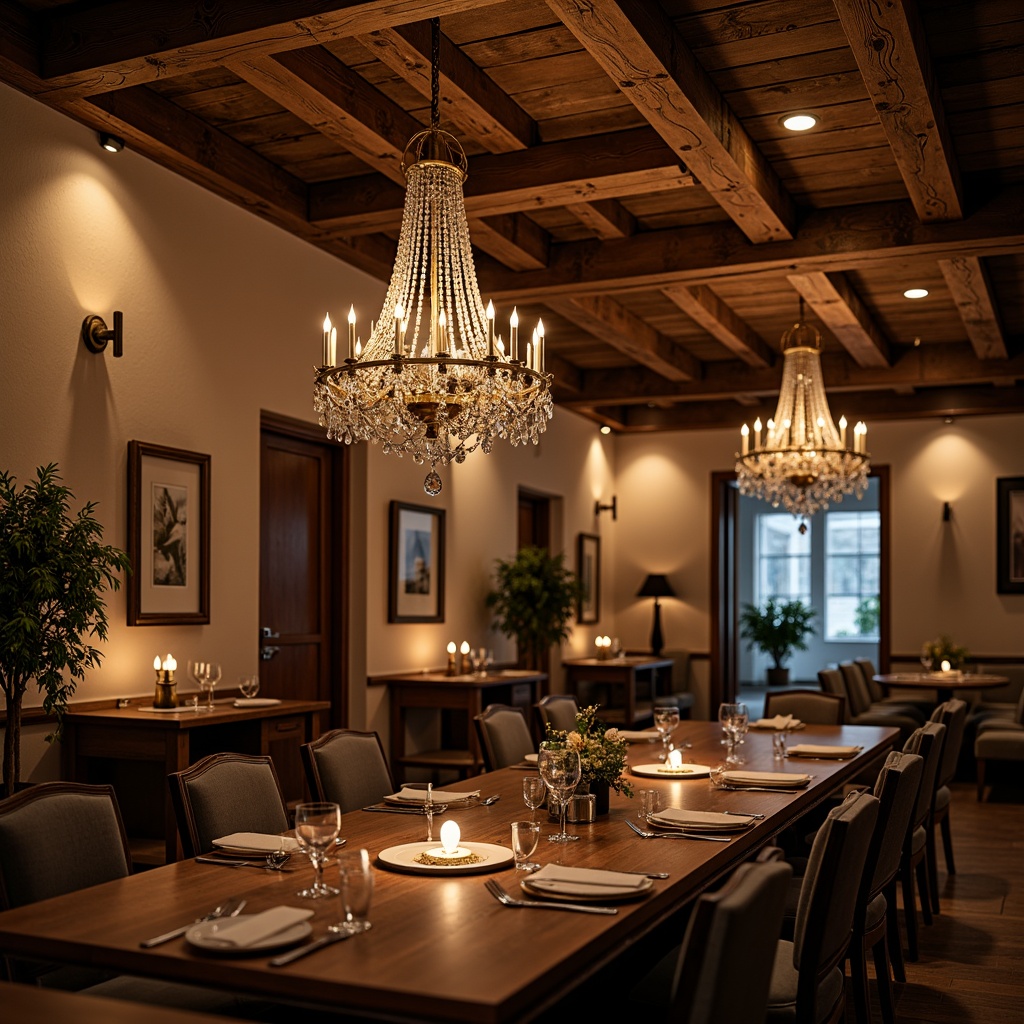 Prompt: Elegant dining room, luxurious chandeliers, warm soft lighting, crystal drops, ornate metalwork, rustic wooden beams, refined furnishings, sophisticated decor, ambient glow, candle-like illumination, pendant lights, recessed ceiling fixtures, subtle color temperature, 1/1 composition, shallow depth of field, realistic textures, warm inviting atmosphere.