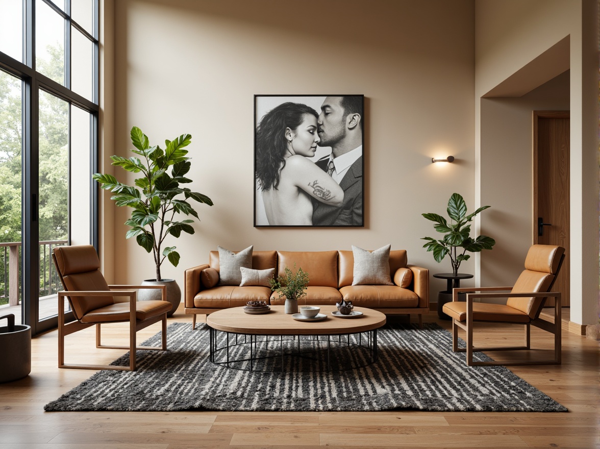 Prompt: Modern living room, sleek coffee table, tufted leather sofa, minimalist wooden chairs, geometric patterned rug, floor-to-ceiling windows, natural light, warm beige walls, metallic accent tables, potted greenery, ambient soft lighting, shallow depth of field, 1/2 composition, realistic textures, stylish decor.