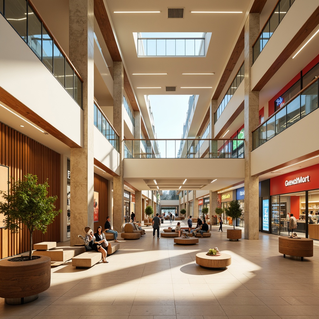 Prompt: Vibrant shopping mall interior, warm beige floors, soft cream walls, rich wood accents, elegant glass railings, modern minimalist lighting, bold color blocks, dynamic signage, lively kiosk displays, inviting food court atmosphere, natural stone columns, high ceilings, airy open spaces, bright morning light, subtle gradient effects, 2/3 composition, shallow depth of field, realistic textures, ambient occlusion.