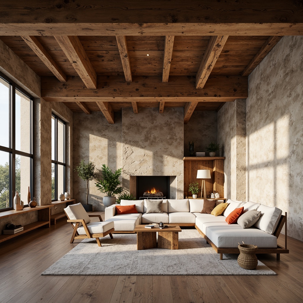 Prompt: Rustic wooden beams, natural textures, earthy tones, industrial chic, open-plan living, spacious loft, minimalist decor, Scandinavian influences, neutral color palette, soft warm lighting, shallow depth of field, 1/1 composition, realistic wood grain, ambient occlusion, cozy atmosphere, inviting ambiance, nature-inspired elements.