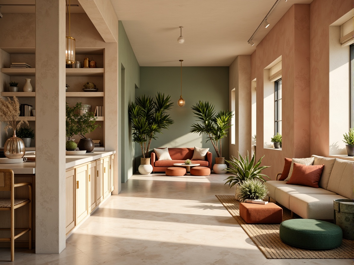 Prompt: Cozy nook, warm beige walls, soft peach accents, calming mint greenery, natural wood furniture, plush velvet textiles, golden lighting fixtures, creamy white marble countertops, intimate seating areas, lush potted plants, soothing water features, serene ambiance, shallow depth of field, 1/1 composition, warm softbox lighting, realistic textures, ambient occlusion.