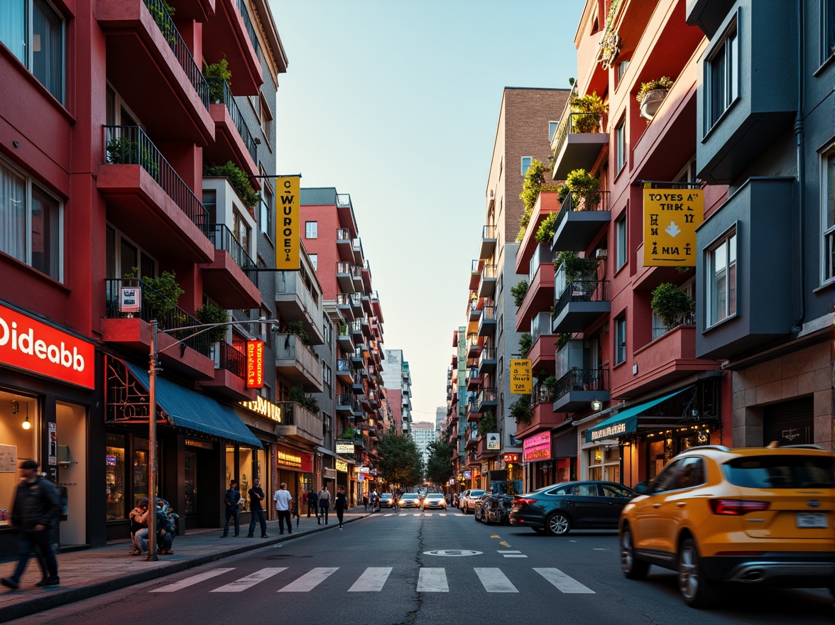 Prompt: Vibrant cityscape, bustling streets, eclectic architecture, bold color accents, striking contrasts, dynamic shapes, abstract patterns, intriguing textures, dramatic lighting, low-angle shots, atmospheric haze, cinematic composition, 1/3 rule, leading lines, framing elements, warm golden hour, shallow depth of field.