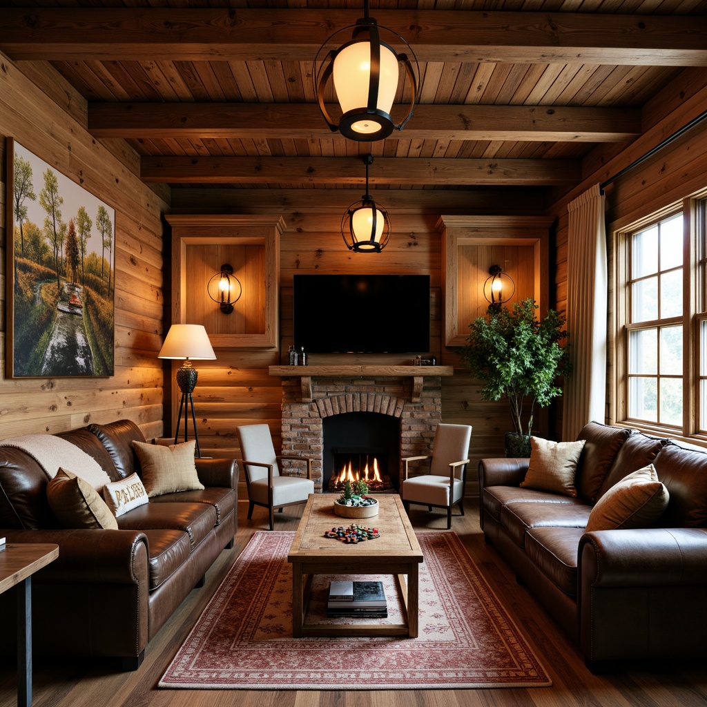 Prompt: Rustic game room, wooden accent walls, warm lantern lighting, comfortable sectional sofas, plush armchairs, reclaimed wood coffee tables, vintage metal lamps, natural fiber rugs, earthy color palette, distressed leather upholstery, wooden decorative trims, classic board games, rich wood paneling, cozy throw blankets, warm beige curtains, traditional craftsmanship details, soft warm glow, shallow depth of field, 1/1 composition, realistic textures, ambient occlusion.