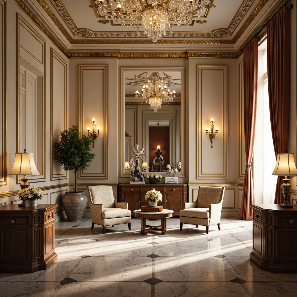 Prompt: Elegant neoclassical interior, rich wood paneling, ornate gold accents, soft cream walls, luxurious velvet fabrics, intricate marble patterns, majestic crystal chandeliers, symmetrical compositions, subtle gradient lighting, warm beige tones, refined dark wood furniture, antique bronze hardware, lavish drapery, opulent furnishings, sophisticated color harmony, 1/2 composition, realistic textures, ambient occlusion.