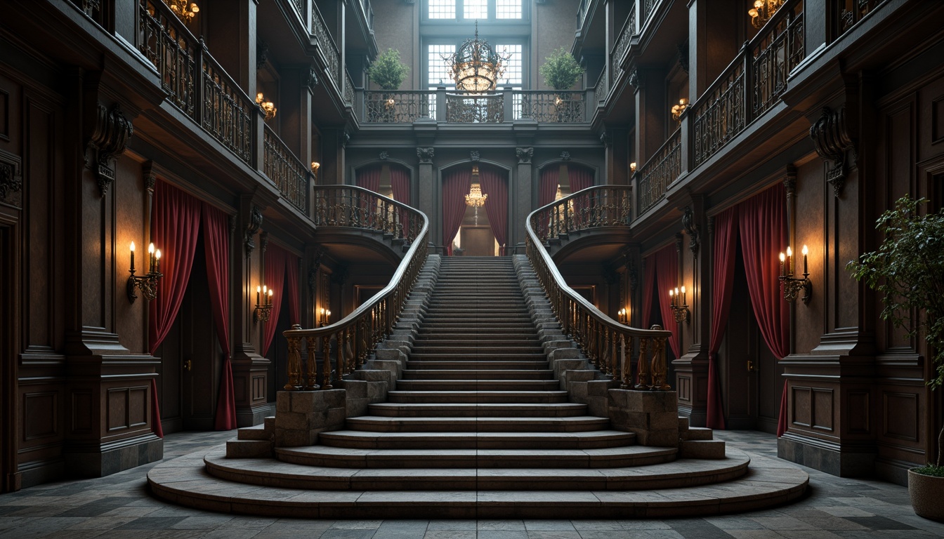 Prompt: Grand, ornate Gothic staircase, intricately carved stone railings, lavish velvet drapes, opulent chandeliers, mysterious dark wood paneling, richly textured walls, cold grey stone floors, majestic high ceilings, dramatic archways, eerie dim lighting, warm candlelight, subtle fog effects, cinematic composition, atmospheric depth of field.