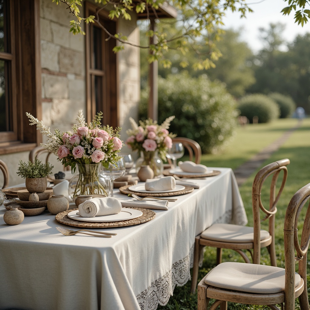 Prompt: Soft creamy whites, warm beige tones, gentle sky blues, muted sage greens, dusty rose pinks, rich charcoal grays, weathered wood accents, vintage linen textures, distressed denim fabrics, ornate gold details, subtle lace patterns, warm natural lighting, shallow depth of field, 2/3 composition, rustic outdoor settings, blooming flowers, serene atmosphere, soft focus, filmic grain.