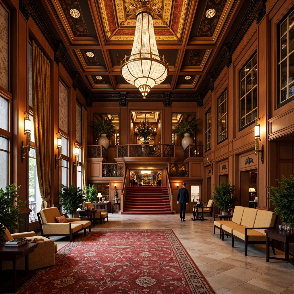 Prompt: Opulent hotel lobby, intricately carved wooden paneling, gilded ornaments, lavish chandeliers, velvety soft carpets, richly upholstered furniture, marble flooring, ornate mirrors, grand staircases, luxurious drapery, heavy silk curtains, golden accents, sparkling crystal fixtures, warm ambient lighting, shallow depth of field, 1/1 composition, realistic textures, ambient occlusion.