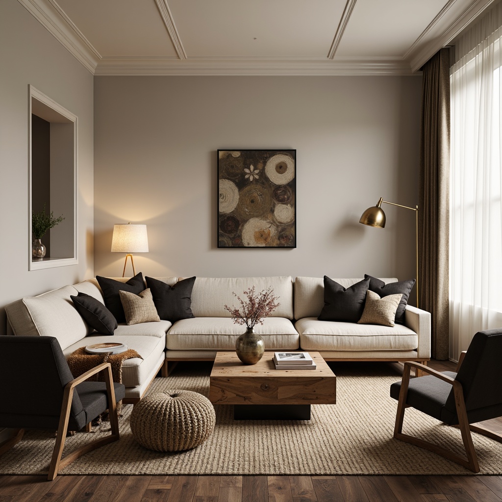 Prompt: Elegant living room, plush sectional sofa, reclaimed wood coffee table, velvet accent chairs, metallic floor lamps, woven natural fiber rug, minimalist wall decor, soft warm lighting, Scandinavian-inspired design, functional storage ottoman, comfortable oversized pillows, earthy tone color scheme, rich wood tones, subtle texture variations, 1/1 composition, cozy atmosphere.