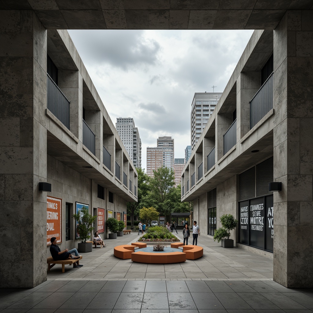 Prompt: Rugged middle school campus, brutalist architecture, raw concrete walls, industrial metal beams, large open spaces, natural ventilation systems, exposed ductwork, minimalist furniture, educational murals, motivational quotes, urban cityscape backdrop, cloudy gray sky, dramatic shadows, high-contrast lighting, shallow depth of field, 2/3 composition, symmetrical framing, gritty textures, realistic ambient occlusion.