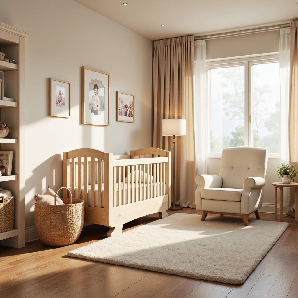 Prompt: Soft pastel colors, plush area rug, comfortable glider chair, wooden crib with gentle curves, delicate mobiles, sweet-themed wall art, creamy white furniture, rounded edges, velvety soft toys, warm beige curtains, natural wood accents, cozy reading nook, floor lamp with soft shade, calming atmosphere, serene ambiance, 1/2 composition, warm golden lighting, shallow depth of field, realistic textures.