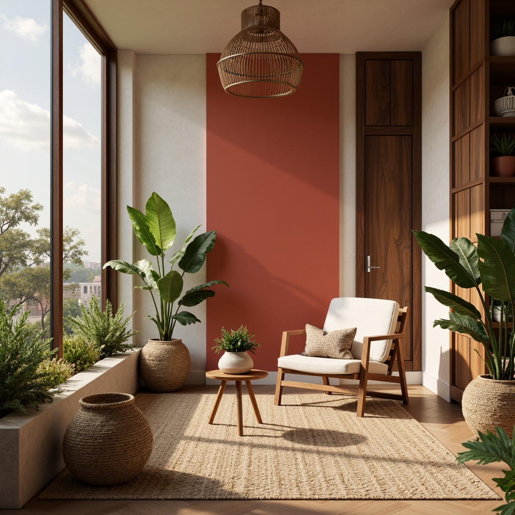 Prompt: Warm beige walls, rich walnut wood accents, soft creamy whites, deep charcoal grays, pops of vibrant coral, lush greenery, natural textiles, woven fibers, organic shapes, earthy terracotta tones, calming ambiance, warm golden lighting, shallow depth of field, 3/4 composition, realistic textures, ambient occlusion.