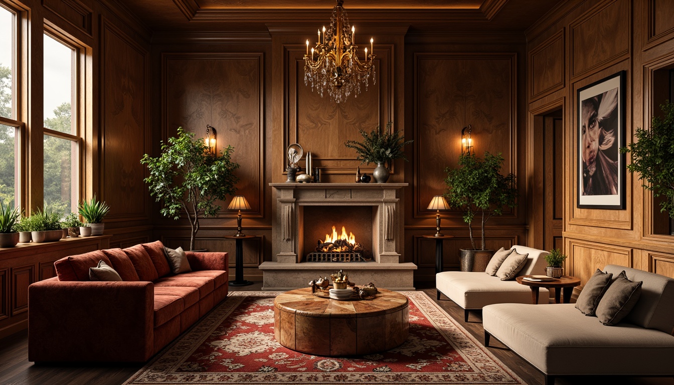 Prompt: Luxurious living room, richly textured walls, ornate wooden paneling, velvet sofas, marble coffee tables, metallic accents, ambient lighting, warm golden tones, cozy atmosphere, natural stone fireplaces, plush area rugs, sophisticated color palette, 3/4 composition, shallow depth of field, realistic textures, soft box lighting, inviting ambiance.