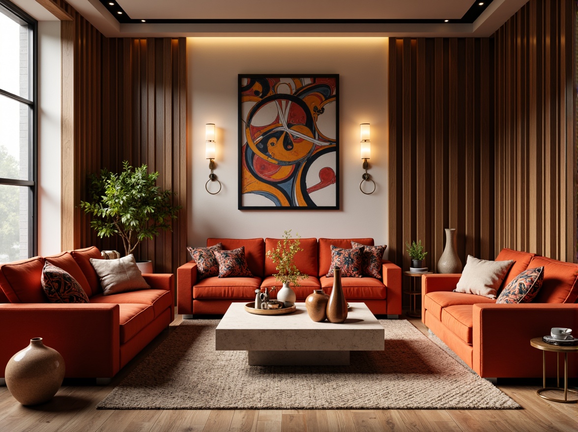 Prompt: Vibrant living room, bold color scheme, rich wood tones, plush velvet sofas, metallic accents, statement lighting fixtures, abstract artwork, textured rugs, patterned throw pillows, earthy terracotta vases, warm beige walls, soft golden lighting, 1/2 composition, intimate atmosphere, realistic renderings, ambient occlusion.