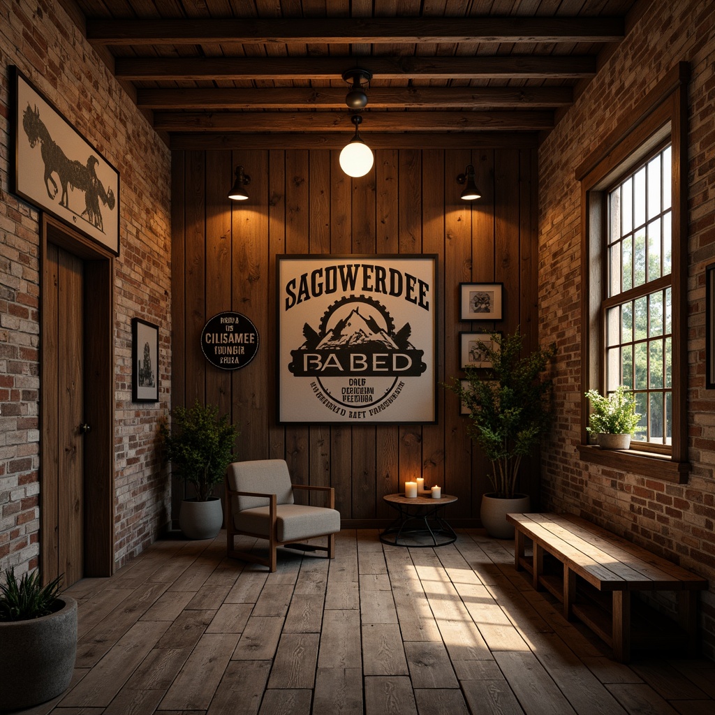 Prompt: Rustic wooden walls, distressed textures, earthy color palette, natural stone accents, reclaimed wood planks, wooden beams, exposed brickwork, vintage metal signs, warm candlelight, soft shadows, 3/4 composition, atmospheric perspective, realistic wear and tear, ambient occlusion.