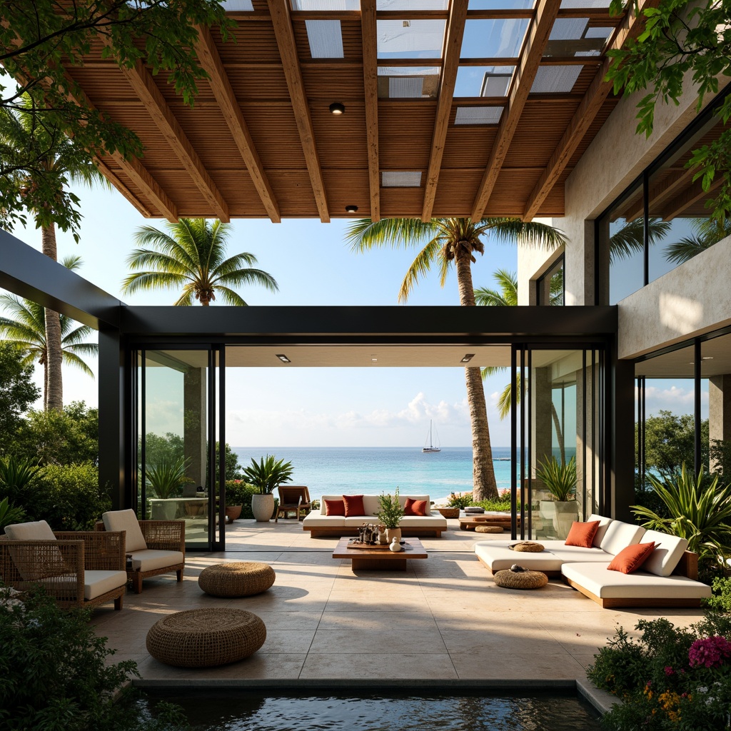 Prompt: Tropical modern architecture, open-plan living space, high ceilings, large windows, sliding glass doors, natural ventilation, solar panels, green roofs, lush vegetation, palm trees, exotic flowers, warm wood accents, rattan furniture, woven textiles, ocean views, beachside setting, clear blue skies, sunny day, soft warm lighting, shallow depth of field, 1/1 composition, realistic textures, ambient occlusion.