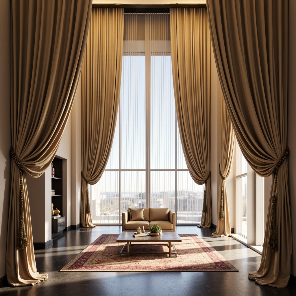 Prompt: Luxurious drapery, flowing silk fabrics, elegant folds, ornate metal rods, crystal-beaded finials, soft warm lighting, subtle texture contrasts, richly patterned rugs, polished marble floors, sleek modern architecture, floor-to-ceiling windows, minimalist decor, serene atmosphere, gentle natural light, 1/1 composition, shallow depth of field, realistic fabric simulations.