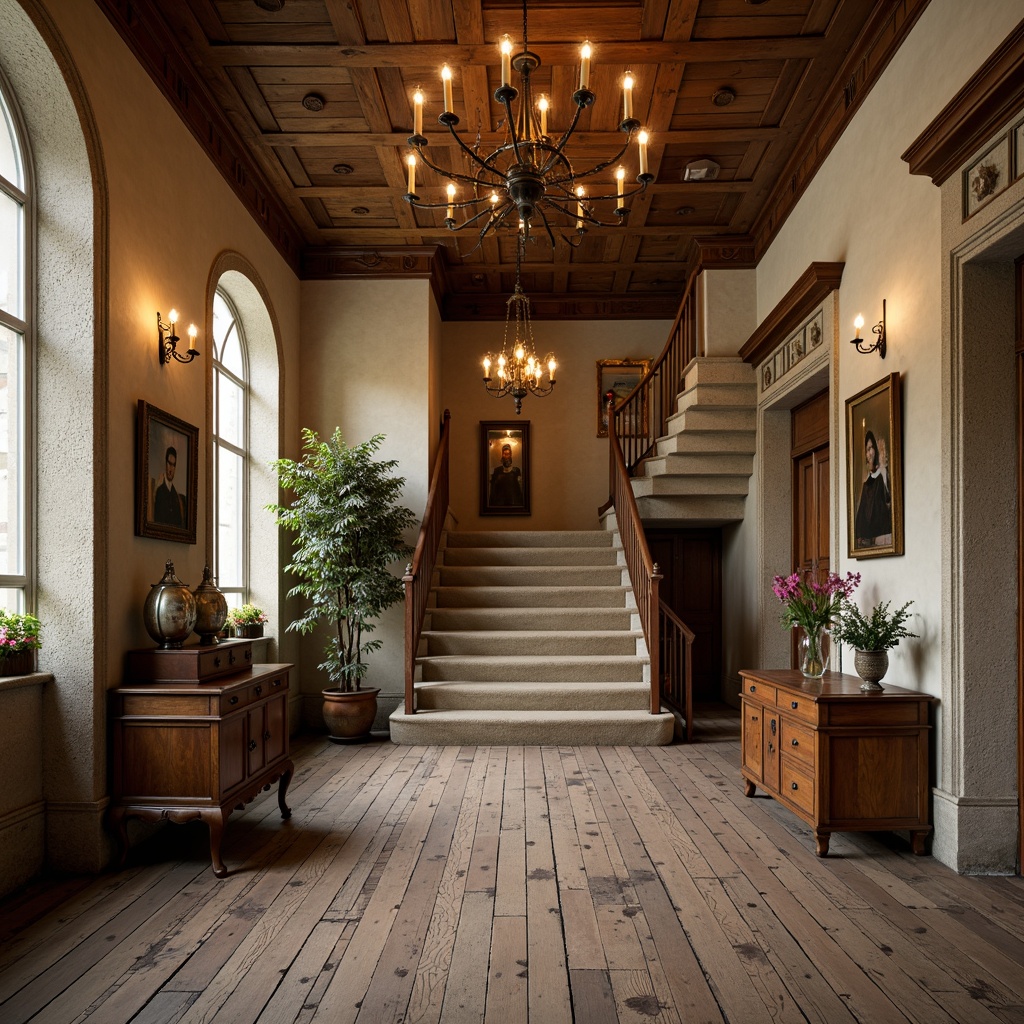 Prompt: Rustic wooden floors, distressed stone walls, ornate metal railings, warm beige carpeting, rich wood paneling, classic chandeliers, soft cream-colored walls, decorative moldings, grand staircases, vintage display cases, antique furniture pieces, subtle ambient lighting, shallow depth of field, 2/3 composition, realistic textures, ambient occlusion.