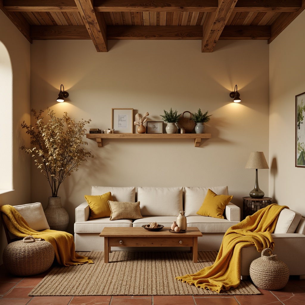 Prompt: Warm beige walls, soft cream furniture, rich walnut wood accents, plush golden throw blankets, cozy velvet pillows, earthy terracotta flooring, natural woven baskets, vintage bronze lighting fixtures, warm candlelight, gentle misty atmosphere, shallow depth of field, 2/3 composition, relaxed casual posing, realistic textures, ambient occlusion.