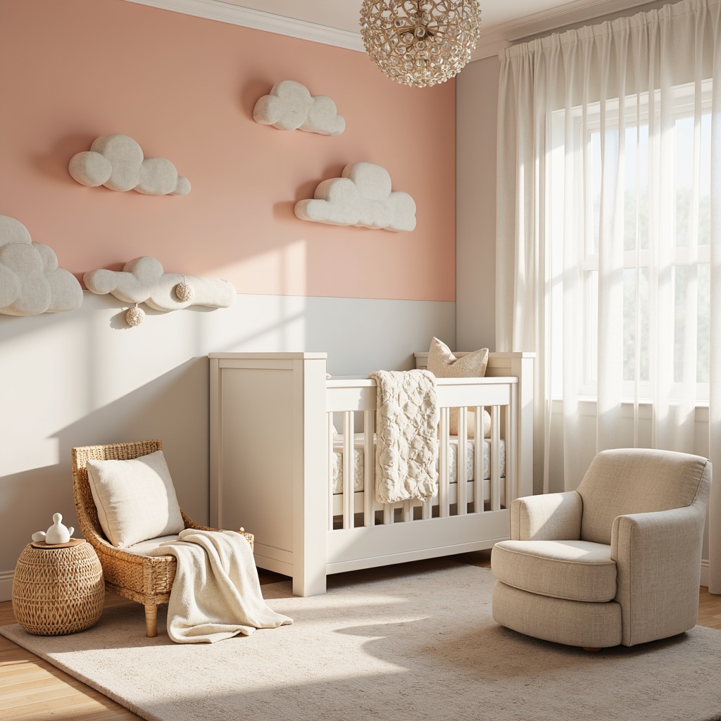 Prompt: Soft peach walls, creamy white furniture, warm beige accents, gentle grey tones, natural wood crib, plush area rug, delicate floral patterns, whimsical cloud decals, airy sheer curtains, subtle sparkle chandelier, calming morning light, shallow depth of field, 1/1 composition, realistic textures, ambient occlusion.