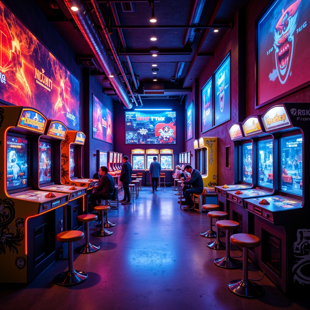 Prompt: Vibrant game room, neon-lit arcade machines, bold primary colors, contrasting dark accents, metallic sheen, futuristic glow, high-contrast lighting, 3D visual effects, abstract geometric patterns, dynamic shapes, electric blue hues, fiery red tones, sunny yellow highlights, immersive atmosphere, surround sound system, comfortable seating areas, modern minimalist decor.