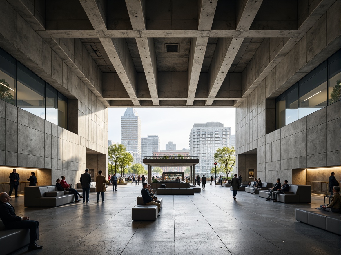 Prompt: Brutalist bus station, concrete structures, rugged textures, industrial aesthetic, angular lines, raw finishes, urban atmosphere, busy transportation hub, acoustic panels, sound-absorbing materials, diffusers, resonators, reverberation control, minimalist seating areas, functional lighting, cold tone color scheme, high ceilings, open spaces, cityscape views, morning rush hour, soft natural light, 1/2 composition, shallow depth of field.