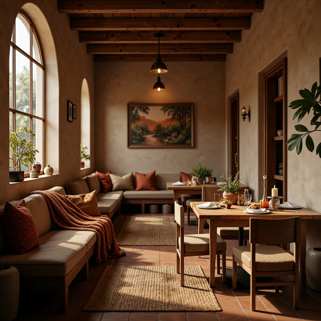 Prompt: Cozy dining area, warm earthy tones, plush throw blankets, soft velvet upholstery, rustic wooden tables, comfortable cushioned chairs, natural woven fibers, jute rugs, Moroccan-inspired tiles, warm candlelight, autumnal color palette, inviting atmosphere, shallow depth of field, 1/1 composition, realistic textures, ambient occlusion.