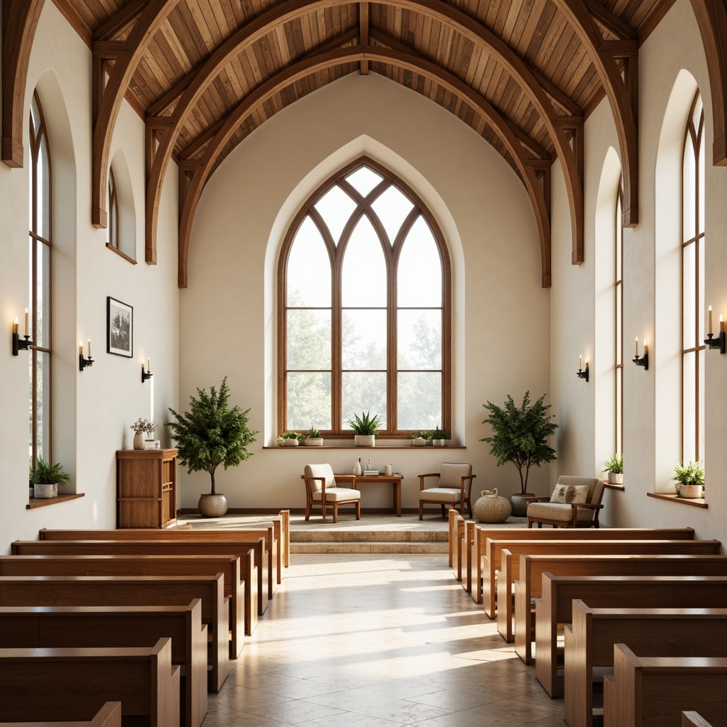 Prompt: Serene Nordic church interior, warm wooden accents, minimal ornamentation, soft natural lighting, clerestory windows, stained glass details, rustic stone walls, candlelit ambiance, peaceful atmosphere, creamy white hues, light-colored wood floors, elegant simplicity, Nordic-inspired furniture, subtle textures, atmospheric mist, gentle diffused light, 1/1 composition, intimate perspective, realistic renderings.