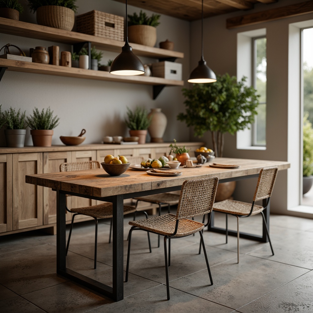 Prompt: Rustic wooden table, distressed finish, reclaimed wood planks, metal legs, vintage-inspired decor, farmhouse-style dining room, natural stone flooring, earthy color palette, pendant lighting fixtures, linen textiles, woven baskets, potted greenery, soft warm lighting, shallow depth of field, 1/1 composition, realistic textures, ambient occlusion.