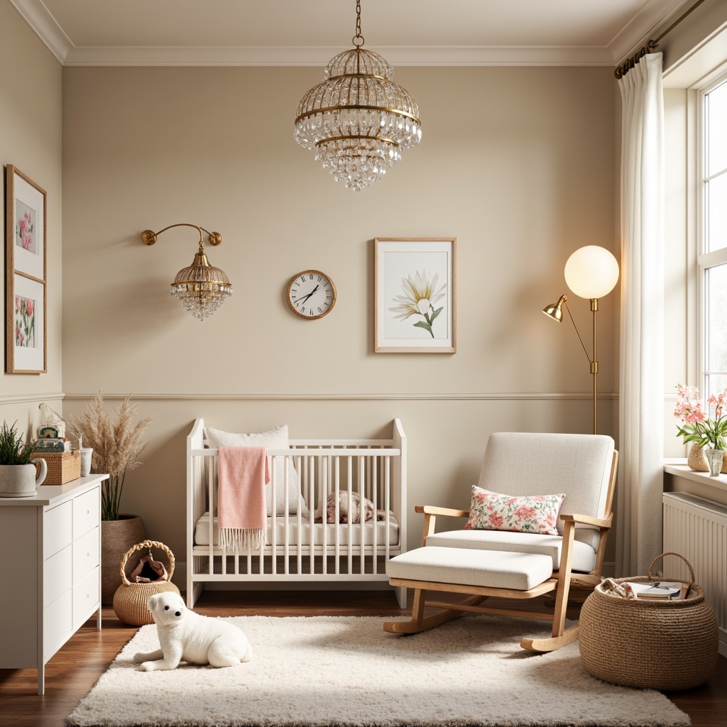 Prompt: Whimsical nursery, soft pastel colors, delicate florals, gentle glow, modern pendant lamps, crystal chandeliers, ornate metal fixtures, creamy white shades, frosted glass diffusers, warm beige walls, plush area rugs, comfortable gliders, sweet baby accessories, serene ambiance, cozy reading nook, natural morning light, subtle shadows, 1/2 composition, warm color temperature, soft focus.