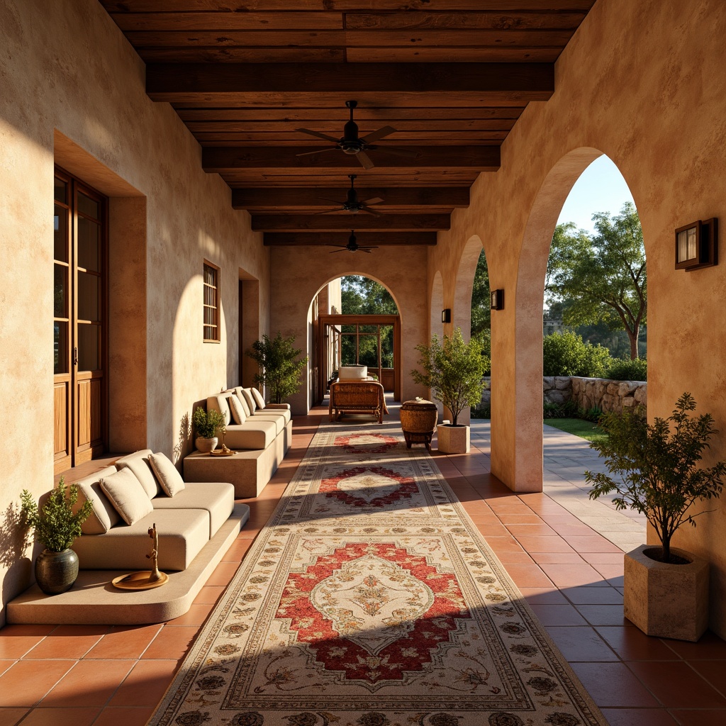 Prompt: Warm Mediterranean villa, terracotta floors, rustic stone walls, ornate ceramic tiles, distressed wood accents, natural fiber rugs, earthy color palette, warm golden lighting, shallow depth of field, 1/1 composition, realistic textures, ambient occlusion.