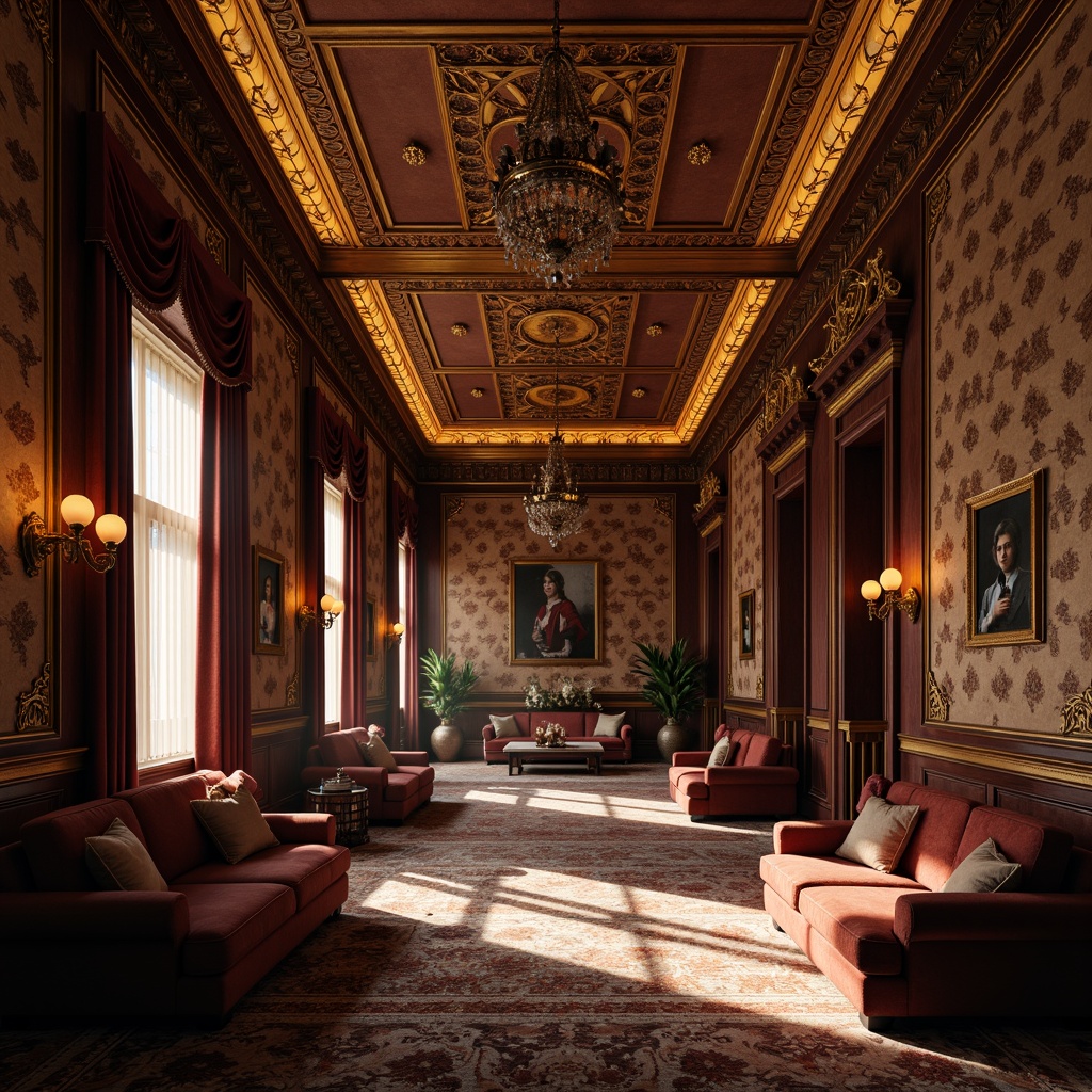 Prompt: Richly patterned wallpaper, ornate moldings, intricately carved wooden panels, velvet drapes, heavy curtains, luxurious fabrics, elaborate cornices, decorative ceiling medallions, opulent chandeliers, warm golden lighting, subtle shadows, 1/1 composition, shallow depth of field, realistic textures, ambient occlusion.