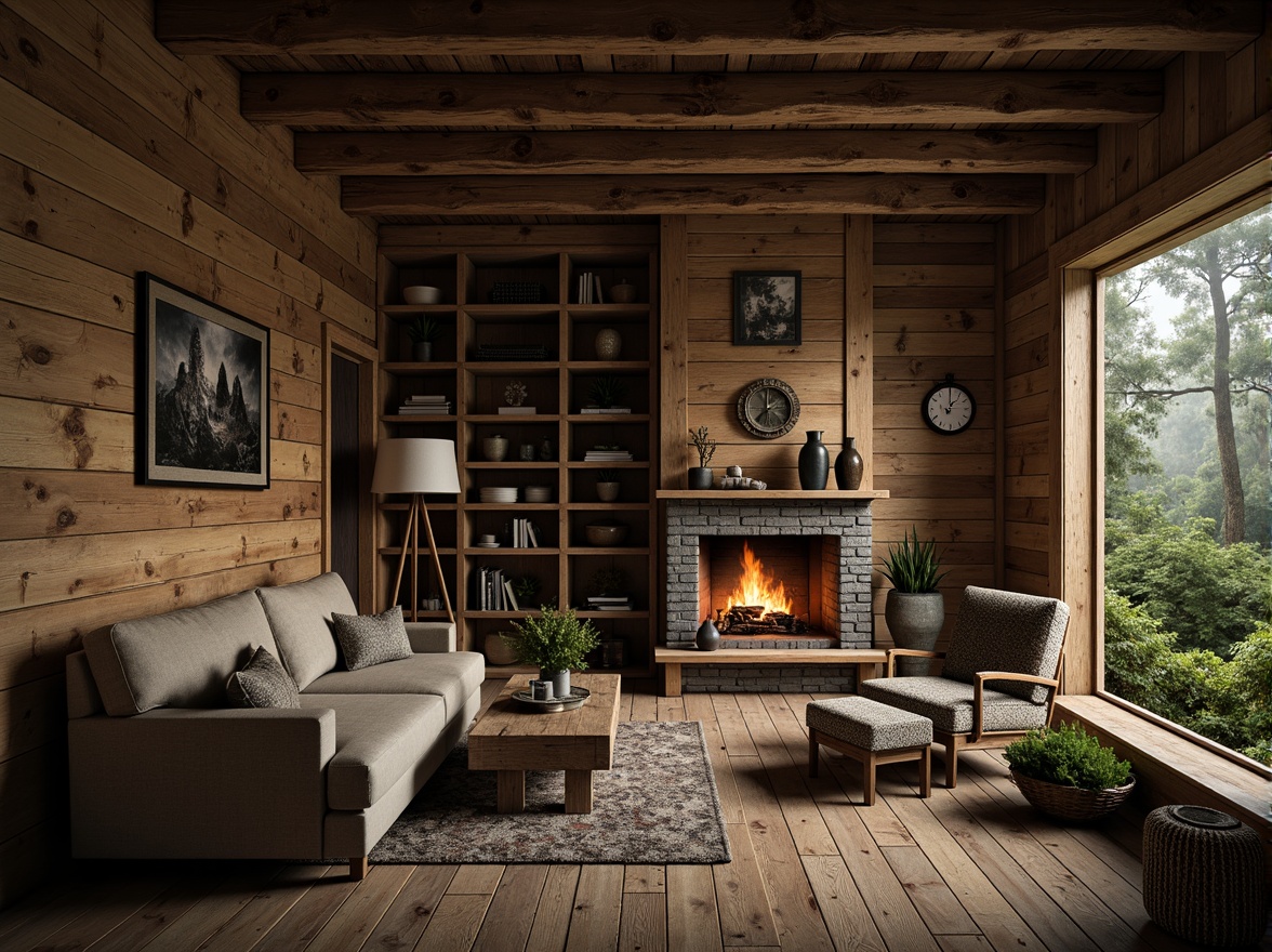 Prompt: Rustic cabin, reclaimed wood walls, distressed wooden planks, earthy tones, natural stone fireplaces, cozy atmosphere, warm ambient lighting, vintage metal accents, woven textiles, organic patterns, moss-greenery surroundings, misty forest ambiance, soft focus photography, 1/2 composition, shallow depth of field, realistic textures, subtle color grading.