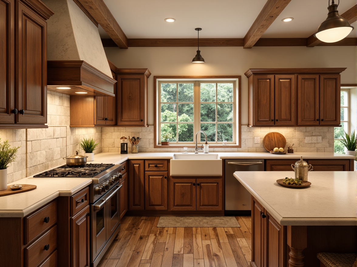 Prompt: Timeless traditional kitchen, warm beige countertops, rich wood cabinetry, ornate metal hardware, soft creamy walls, elegant crown molding, classic ceramic tiles, rustic wooden flooring, cozy pendant lighting, natural stone backsplash, farmhouse sink, apron-front cabinets, subtle texture variations, shallow depth of field, 1/1 composition, realistic materials, ambient occlusion.