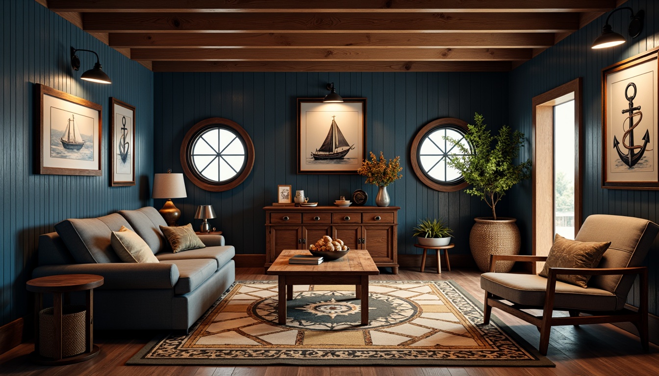 Prompt: Cozy basement, nautical theme, wooden accents, navy blue walls, anchor-shaped decorations, rope-patterned rugs, porthole-style windows, vintage navigation instruments, distressed wood furniture, ocean-inspired artwork, warm ambient lighting, soft shadows, 1/1 composition, realistic textures, subtle water reflections.