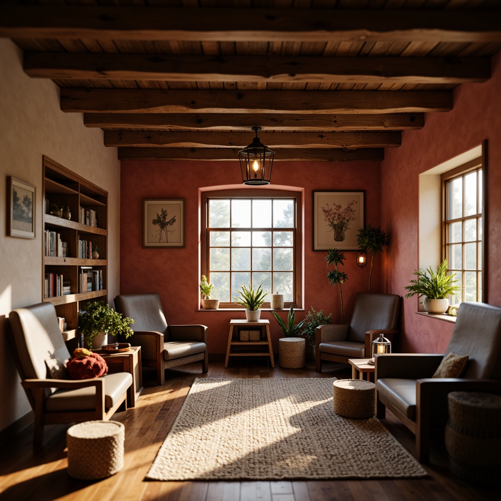 Prompt: Rustic wooden accents, earthy color palette, woven baskets, natural fiber rugs, distressed leather armchairs, vintage metal lanterns, brick red walls, wooden beam ceilings, cozy reading nooks, warm golden lighting, soft focus blur, shallow depth of field, 1/1 composition, inviting atmosphere, organic textures, subtle shadows.