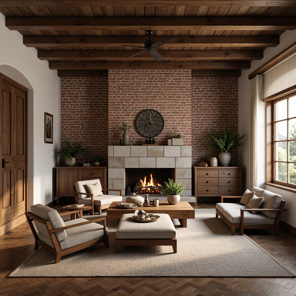 Prompt: Rustic farmhouse, exposed brick walls, reclaimed wood accents, vintage metal decor, earthy tone ceramic tiles, matte finish, natural stone textures, distressed wooden floors, cozy living spaces, soft warm lighting, 3/4 composition, shallow depth of field, realistic renderings, ambient occlusion.