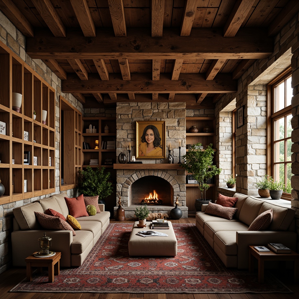 Prompt: Rustic wooden accents, distressed finishes, earthy color palette, natural stone walls, rough-hewn beams, vintage metalware, ornate carvings, handcrafted details, cozy reading nooks, plush furnishings, warm candlelight, shallow depth of field, 2/3 composition, soft focus, realistic textures, ambient occlusion.