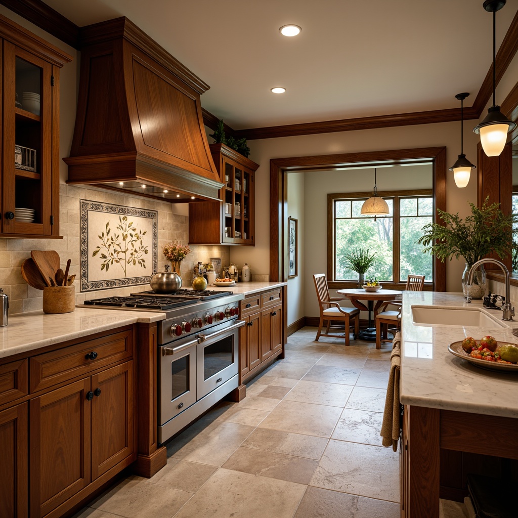 Prompt: Warm traditional kitchen, rich wood cabinetry, ornate metal hardware, creamy white countertops, subtle marble veining, soft warm lighting, classic Shaker-style furniture, earthy color palette, natural stone flooring, ornate ceramic tile backsplash, decorative range hood, pendant lanterns, cozy breakfast nook, lush greenery, 1/2 composition, shallow depth of field, realistic textures, ambient occlusion.