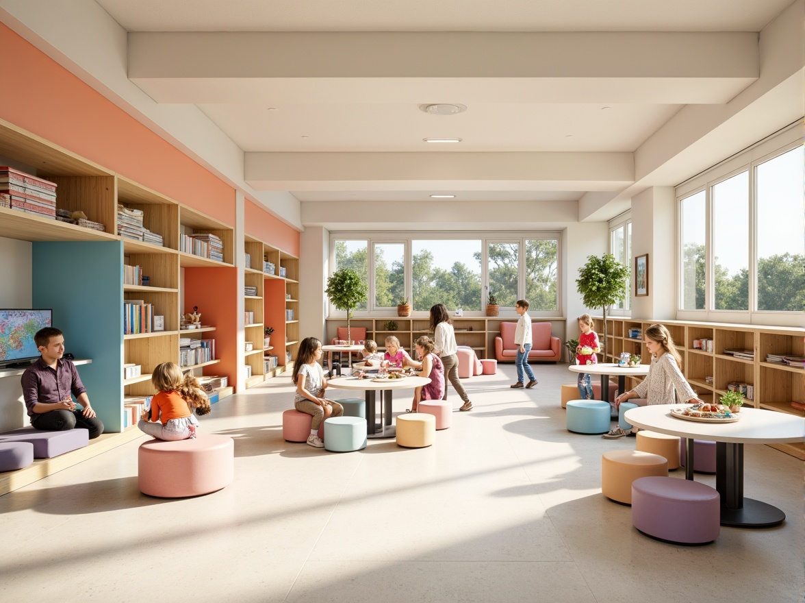 Prompt: Vibrant educational hub, playful kindergarten, bright color scheme, pastel hues, soft peach tones, calming blue accents, creamy white surfaces, natural wood textures, ergonomic furniture, interactive learning tools, digital displays, collaborative workspaces, flexible seating arrangements, abundant natural light, warm indirect lighting, shallow depth of field, 1/1 composition, realistic renderings, ambient occlusion.