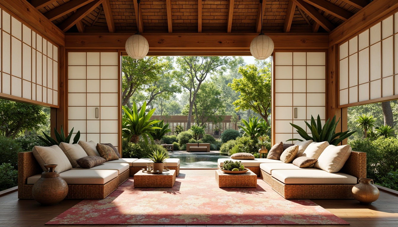 Prompt: Serene sunroom, natural wood tones, sliding shoji screens, paper lanterns, woven rattan furniture, plush cushions, vibrant Asian-inspired textiles, intricate carvings, low-seating areas, minimalist decor, lush greenery, tropical plants, warm sunny day, soft diffused lighting, 1/1 composition, symmetrical balance, harmonious colors, tranquil ambiance, nature-inspired accents.